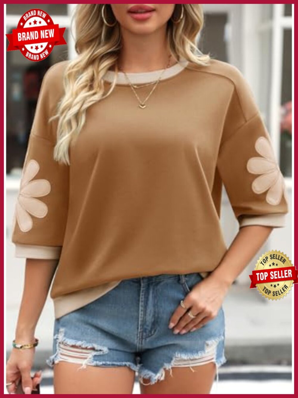 Womens 3/4 Sleeve Floral Patch Sweatshirt Oversized Pullover Top - Picture 4 of 6